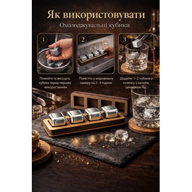 МЕТАЛЛИЧЕСКИЕ КУБИКИ ДЛЯ ВИСКИ MOLТIS GOLD — 4 ШТ В ДЕРЕВЯННОЙ ПОДСТАВКЕ