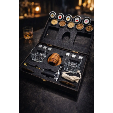 Набор для виски Moltis с деревянным смокером — 2 бокала Saxum, серебристые металлические кубики, щепа, подарочный комплект