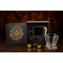 Подарочный набор для виски Moltis Premium Set Quadro - бокал, щипцы, мешочек, подставка и 5 охлаждающих кубиков (MR-1024)