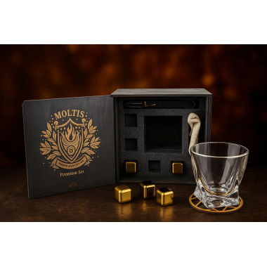 Подарочный набор для виски Moltis Premium Set Quadro - бокал, щипцы, мешочек, подставка и 5 охлаждающих кубиков (MR-1024)