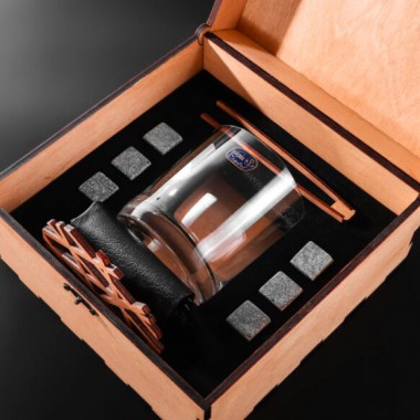 Камни для виски Whiskey stones Подарочный набор мужчине Деревянная светлая коробка + Бокал Bohemia Barline