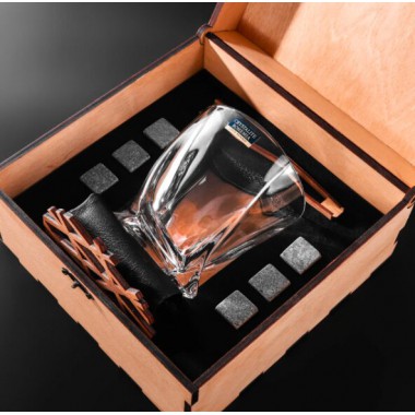 Камни для виски Whiskey stones Подарочный набор мужчине Деревянная светлая коробка + Бокал Quadro.