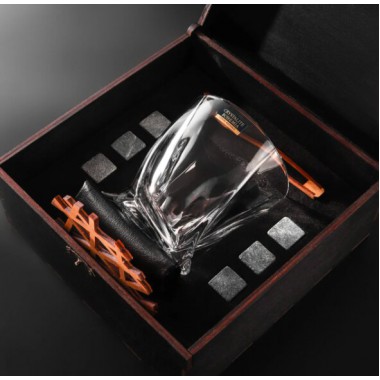Камни для виски Whiskey stones Подарочный набор мужчине Деревянная чёрная коробка + Бокал Bohemia Quadro