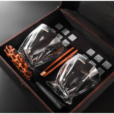 Камни для виски Whiskey stones Подарочный набор Деревянная чёрная коробка с бокалами