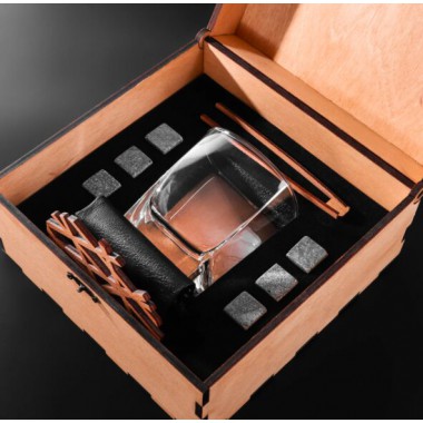 Камни для виски Подарочный набор мужчине Whiskey stones (6 камней из стеатита+светлая деревянная коробка+мешочек+бокал Sterling+щипцы+подставка)