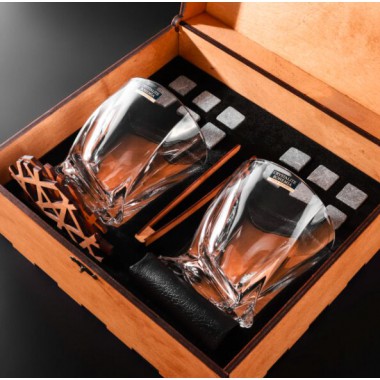 Камни для виски Whiskey stones Подарочный набор Деревянная светлая коробка с бокалами
